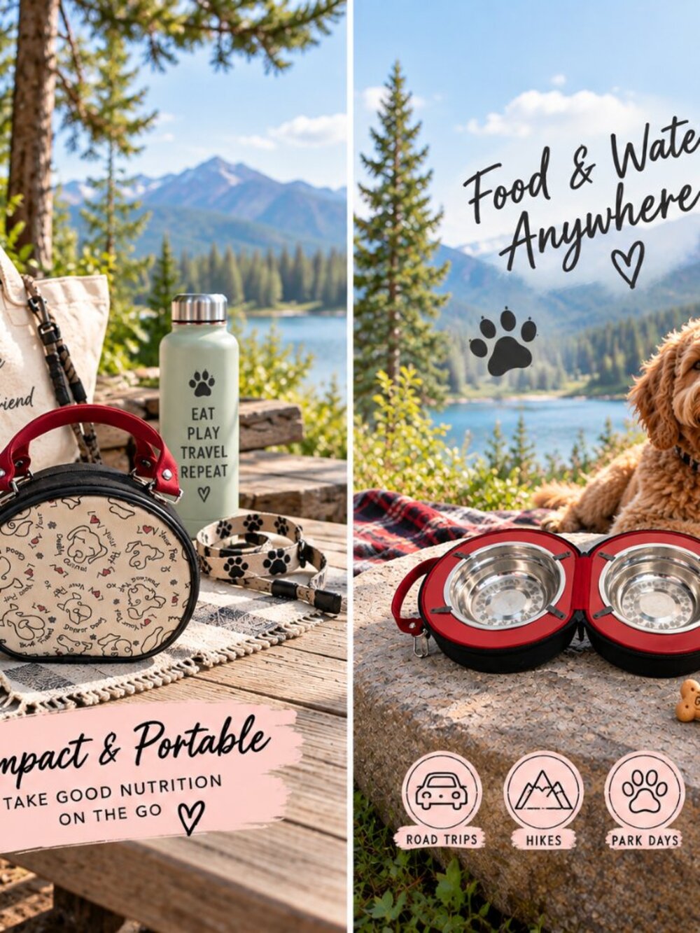 Portable Dog Travel Food & Water Bowl Set Stainless Steel Carrying Case